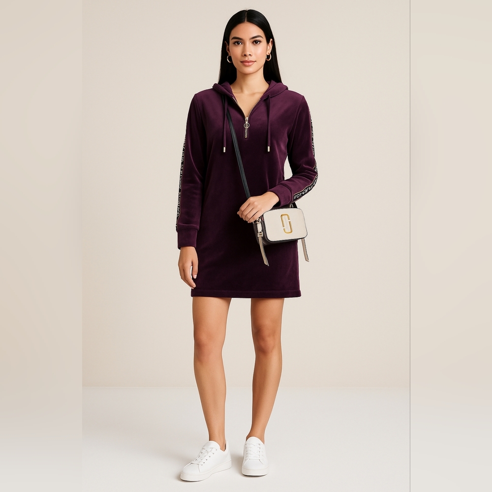 Tommy Hilfiger Velour Hoodie Dress Purple Plush Zip Front Logo Sleeve Petite M